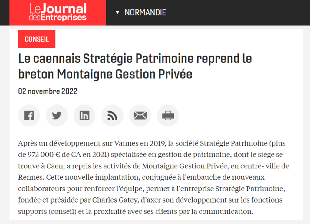 Stratégie Patrimoine Rennes - Journal des entreprises - Brève